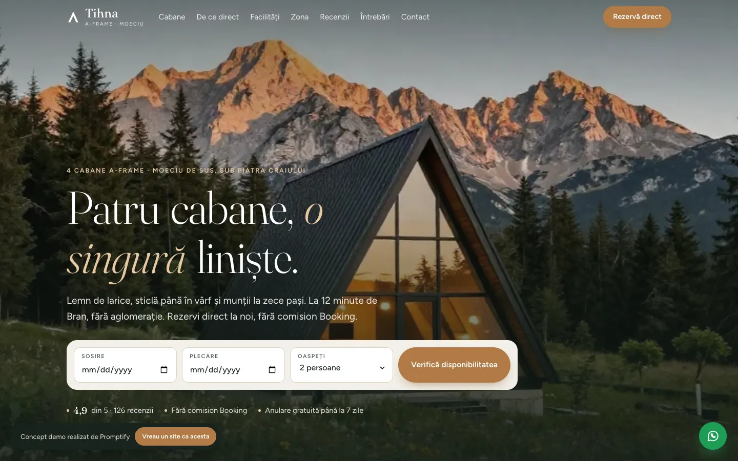 Tihna A-Frame: Patru cabane, o singură liniște. Rezervări directe, fără comision Booking.